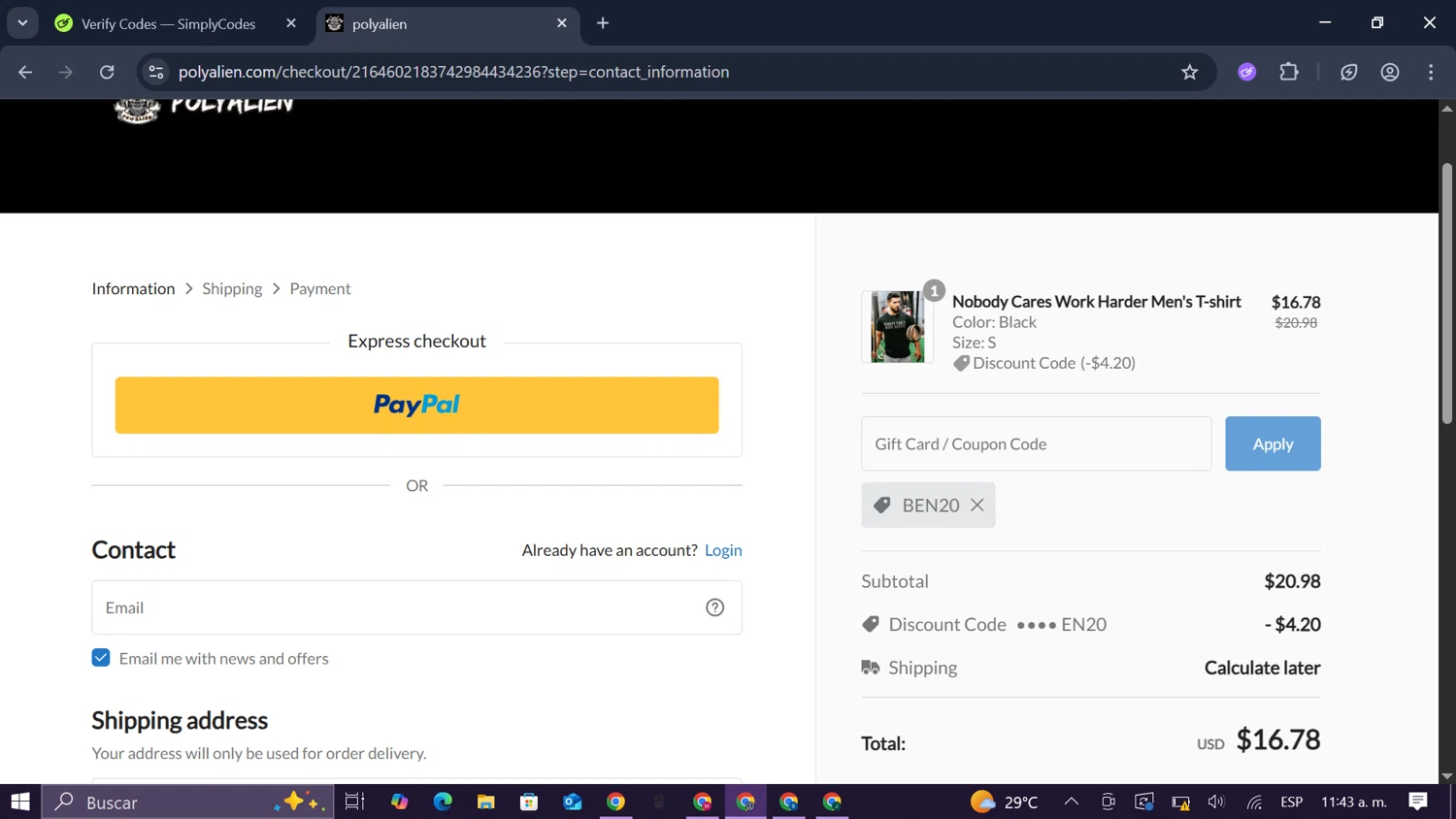 Polyaliens promo code screenshot showing code BEN20 applied at Polyaliens checkout page. Uploaded by SimplyCodes community member SmartLegend506 on Oct 15, 2025