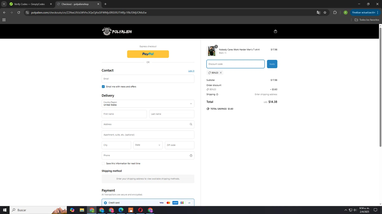 Polyaliens promo code screenshot showing code BEN20 applied at Polyaliens checkout page. Uploaded by SimplyCodes community member GloriousCaptain8066 on Apr 2, 2025