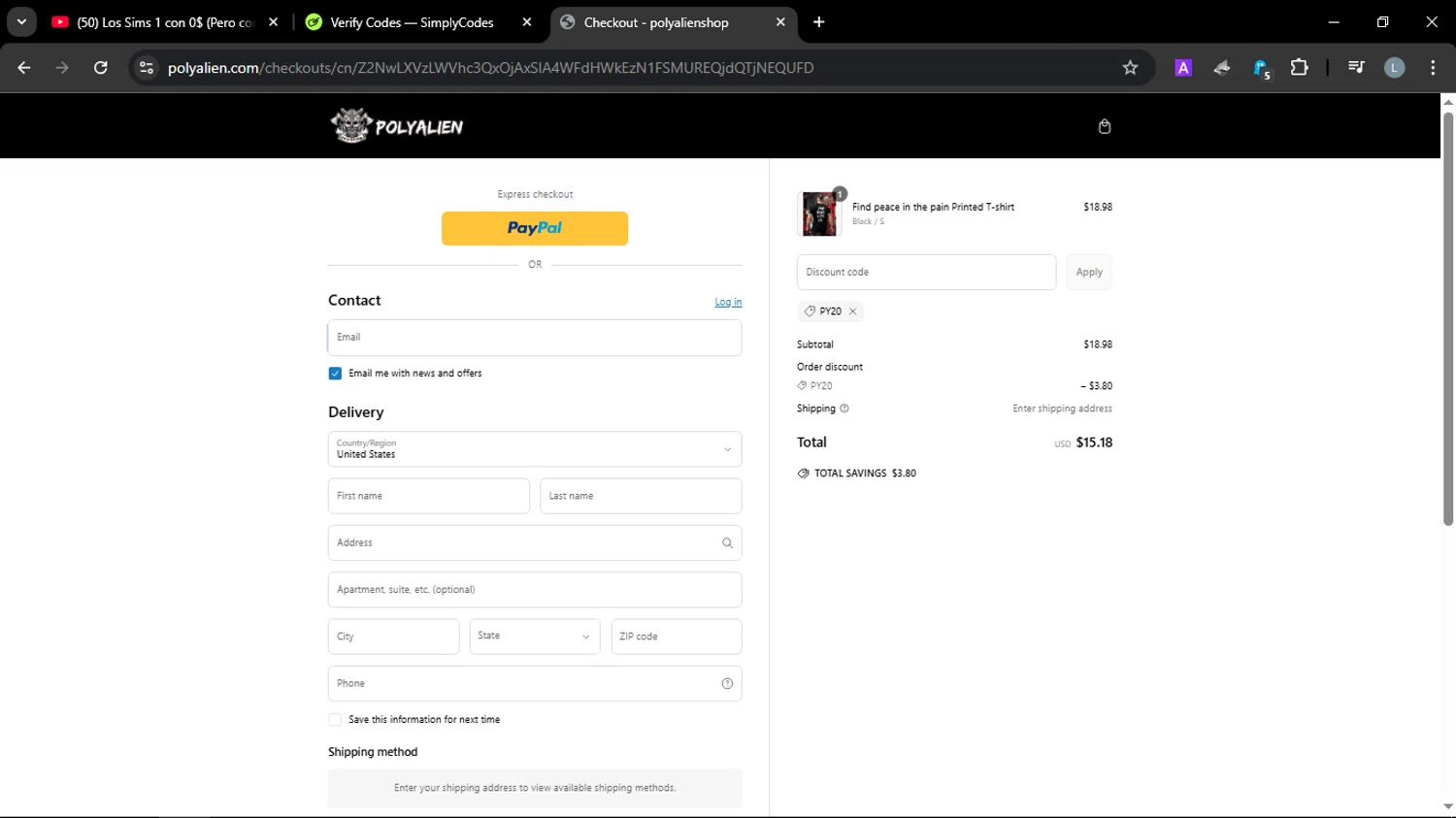 Polyaliens promo code screenshot showing code PY20 applied at Polyaliens checkout page. Uploaded by SimplyCodes community member JuanChi on Mar 13, 2025