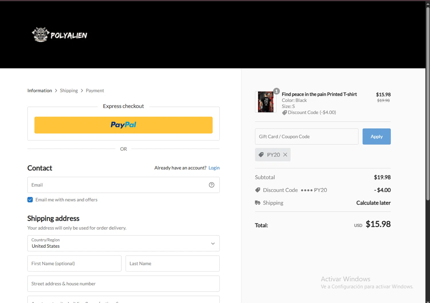 Polyaliens promo code screenshot showing code PY20 applied at Polyaliens checkout page. Uploaded by SimplyCodes community member TreasureChaser3010 on Jun 26, 2025