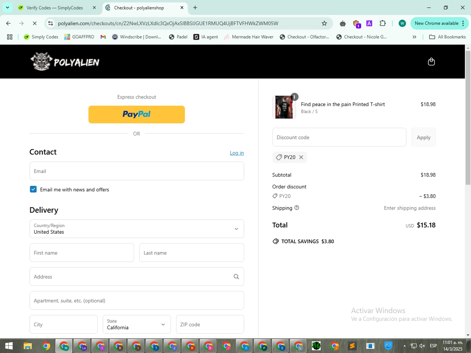 Polyaliens promo code screenshot showing code PY20 applied at Polyaliens checkout page. Uploaded by SimplyCodes community member BudgetWizard5987 on Mar 14, 2025