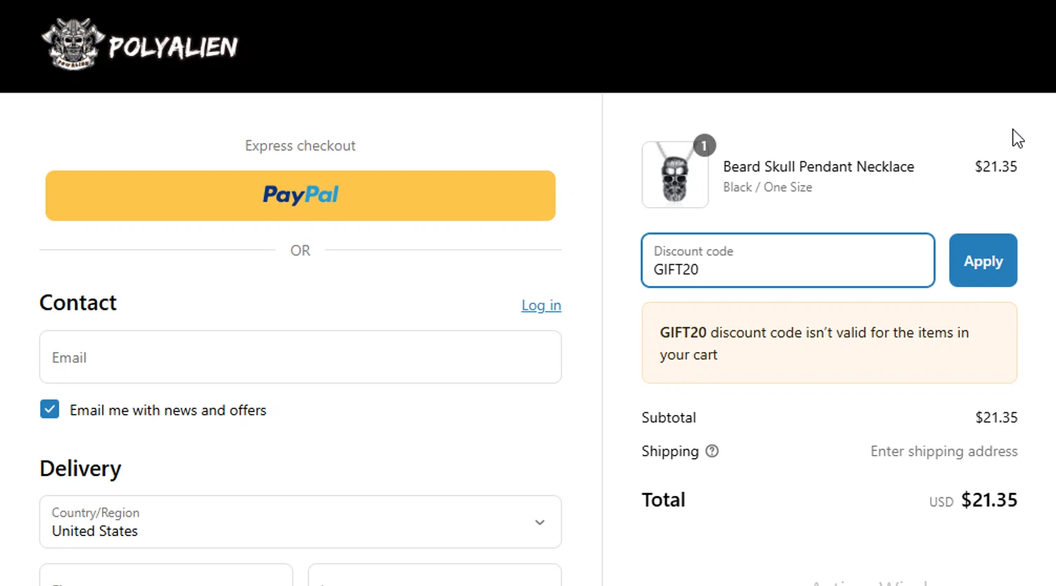 Polyaliens promo code screenshot showing code GIFT20 applied at Polyaliens checkout page. Uploaded by SimplyCodes community member BudgetGuardian5712 on Apr 20, 2025