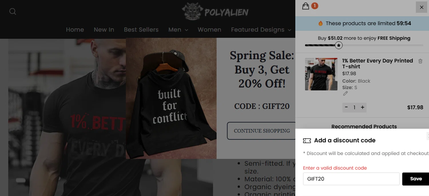 Polyaliens promo code screenshot showing code GIFT20 applied at Polyaliens checkout page. Uploaded by SimplyCodes community member ThriftyShopper3669 on Apr 20, 2025