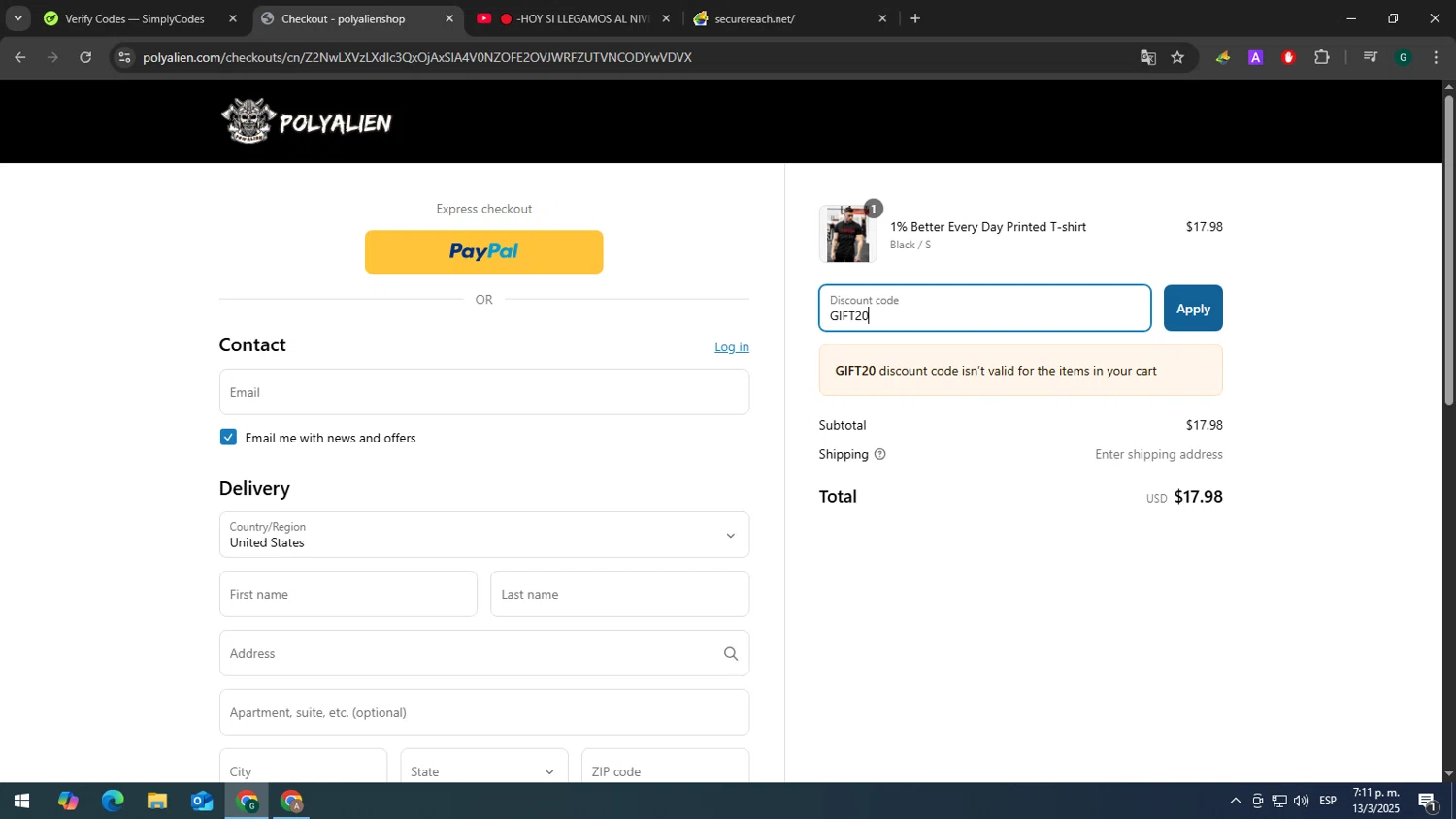 Polyaliens promo code screenshot showing code GIFT20 applied at Polyaliens checkout page. Uploaded by SimplyCodes community member tonikros on Mar 13, 2025