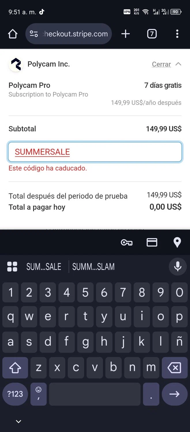 Polycam promo code screenshot showing code SUMMERSALE applied at Polycam checkout page. Uploaded by SimplyCodes community member SavvyScholar3684 on Mar 28, 2025