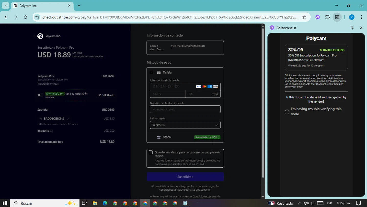 Polycam promo code screenshot showing code BADDECISIONS applied at Polycam checkout page. Uploaded by SimplyCodes community member CodeWarden5915 on Sep 6, 2025