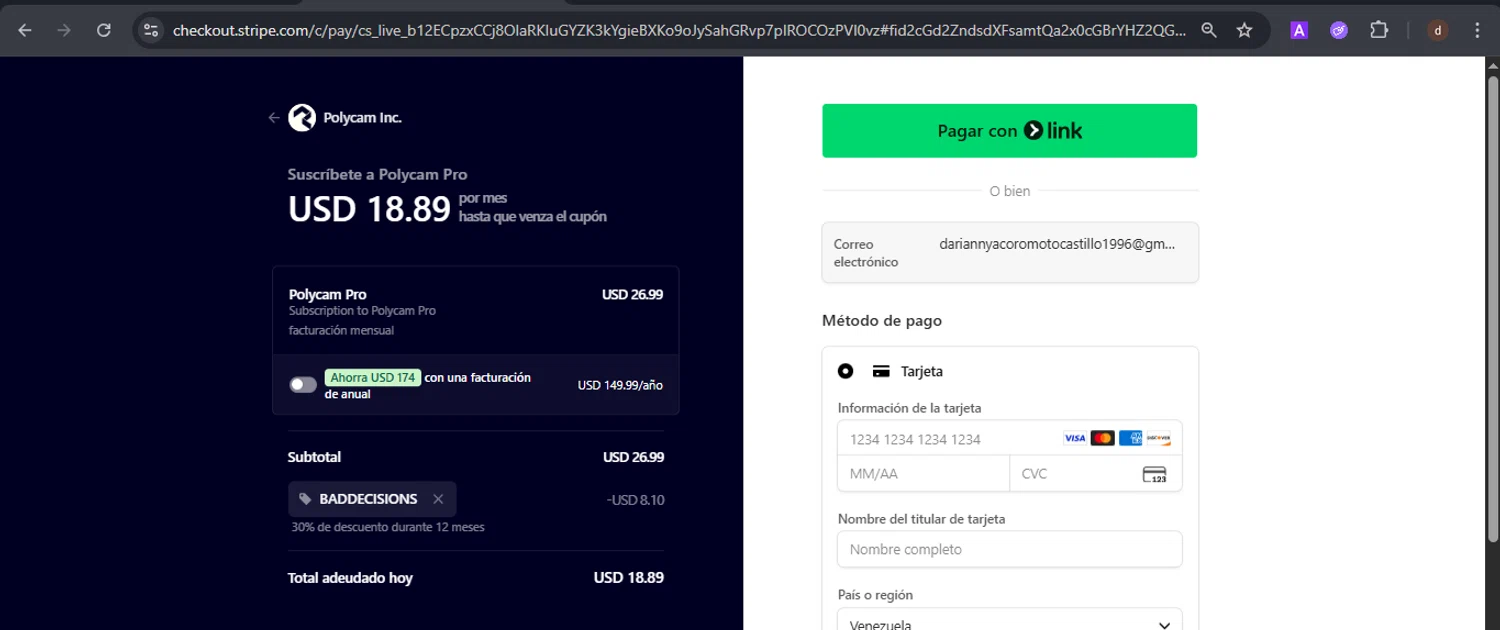 Polycam checkout page showing Polycam promo code box | Screenshot taken by SimplyCodes community member on Aug 12, 2025