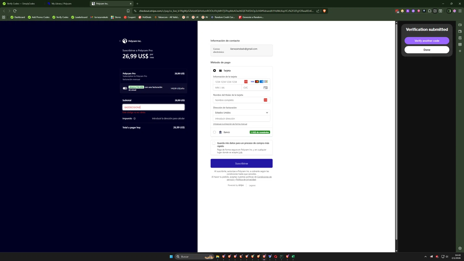Polycam promo code screenshot showing code BADDECISIONS applied at Polycam checkout page. Uploaded by SimplyCodes community member CoreSeeker9184 on Jan 2, 2026