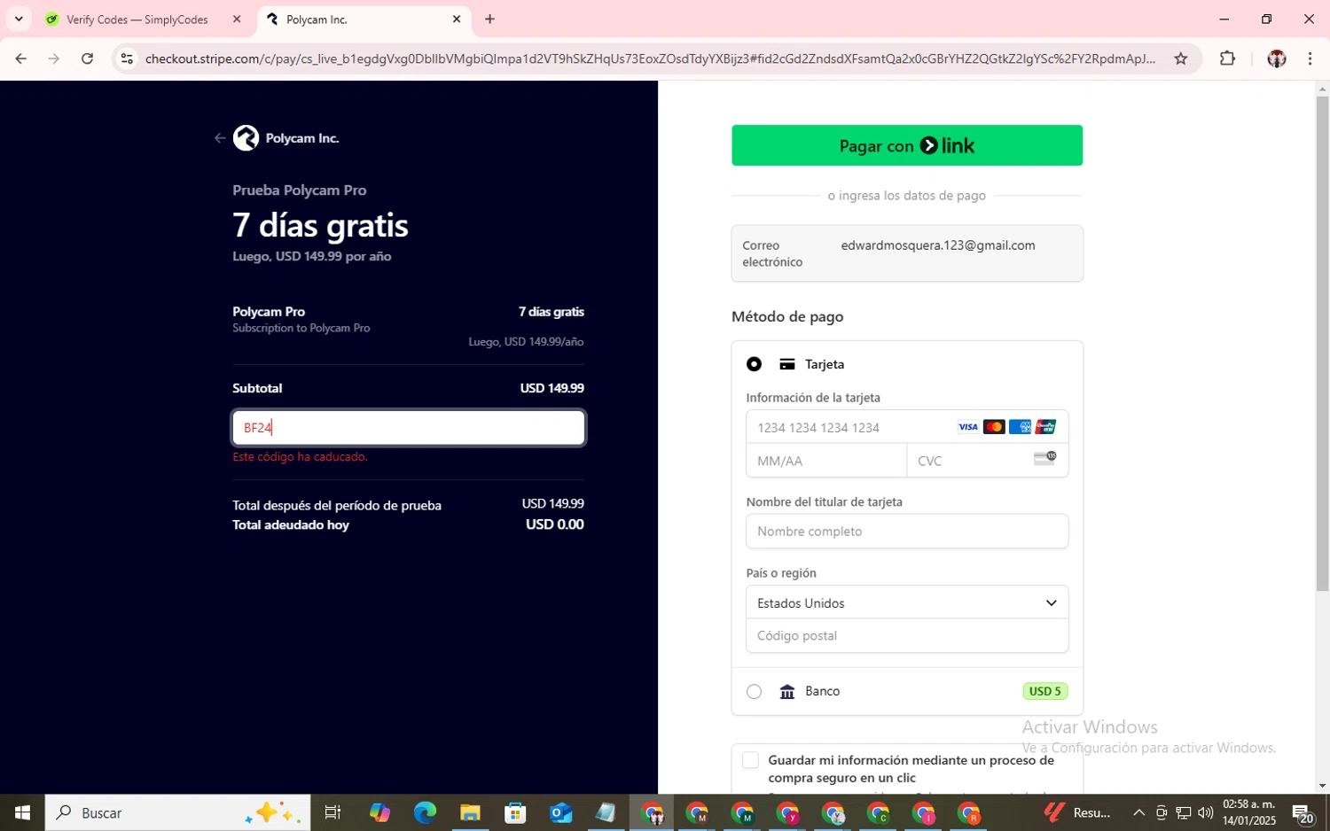 Polycam promo code screenshot showing code BF24 applied at Polycam checkout page. Uploaded by SimplyCodes community member Salometta on Jan 14, 2025