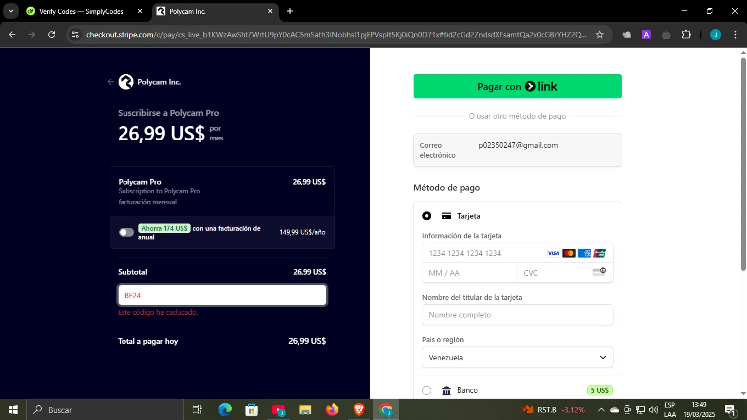 Polycam promo code screenshot showing code BF24 applied at Polycam checkout page. Uploaded by SimplyCodes community member WonderCaptain6926 on Mar 19, 2025