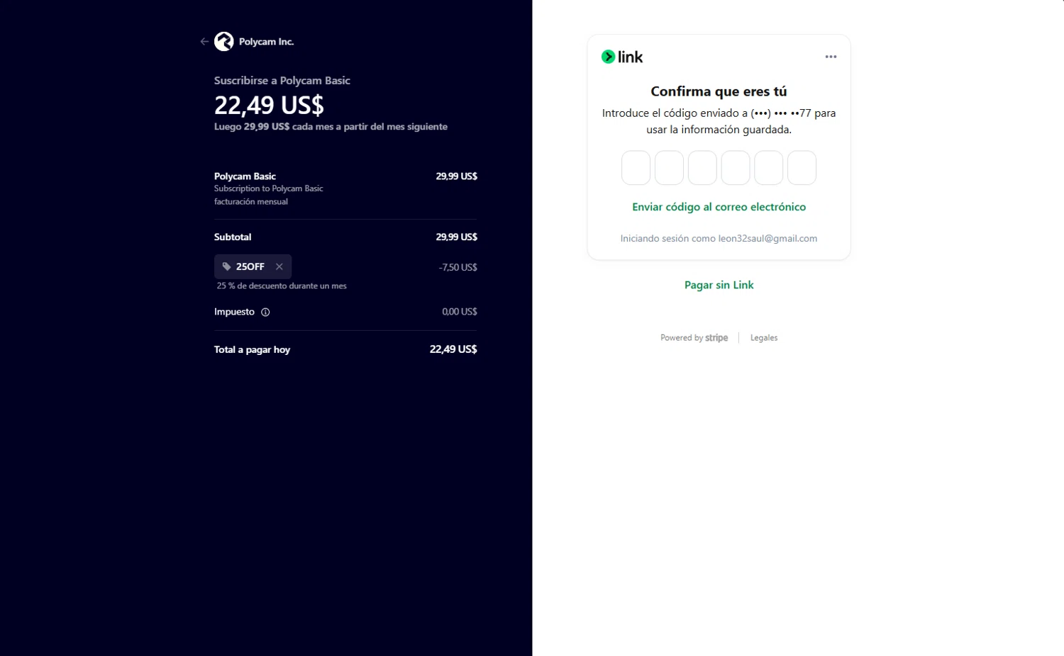 Polycam promo code screenshot showing code 25OFF applied at Polycam checkout page. Uploaded by SimplyCodes community member CoinElite8726 on Dec 29, 2025
