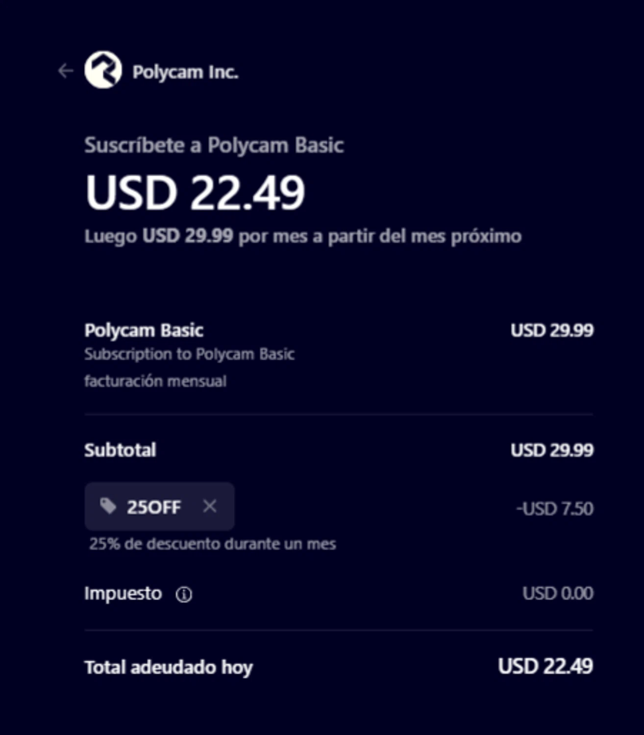 Polycam promo code screenshot showing code 25OFF applied at Polycam checkout page. Uploaded by SimplyCodes community member ESTHER3121 on Dec 28, 2025