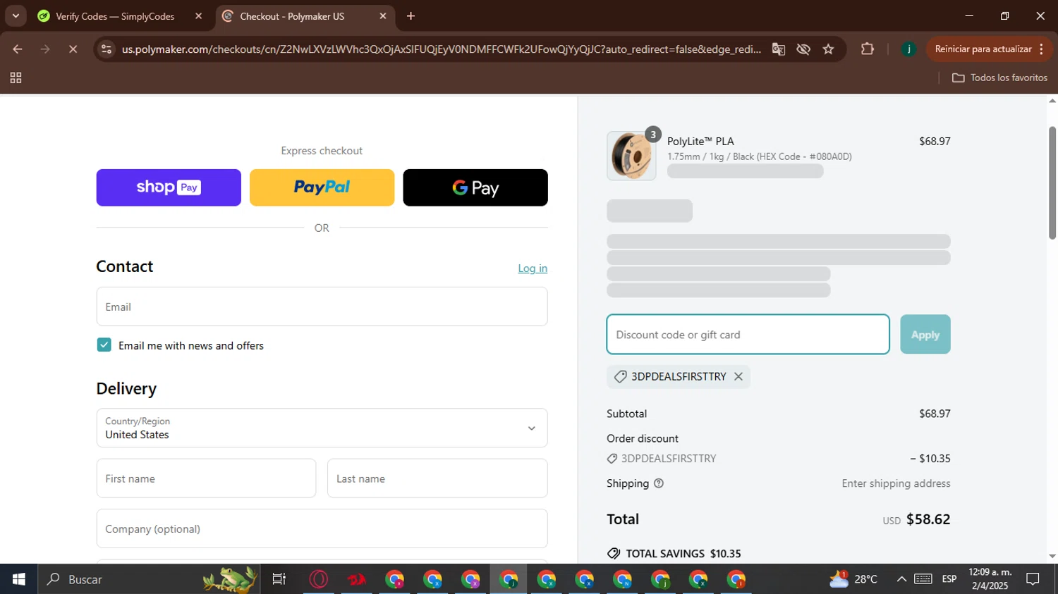 Polymaker discount code screenshot showing code 3DPDEALSFIRSTTRY applied at Polymaker checkout page. Uploaded by SimplyCodes community member BargainHunter8488 on Apr 2, 2025