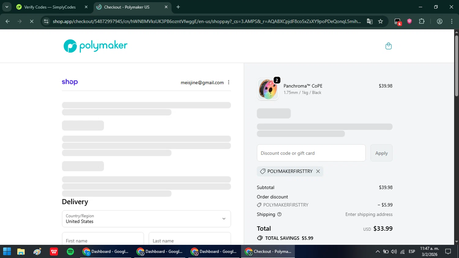 Polymaker checkout page showing Polymaker discount code box | Screenshot taken by SimplyCodes community member on Feb 3, 2026