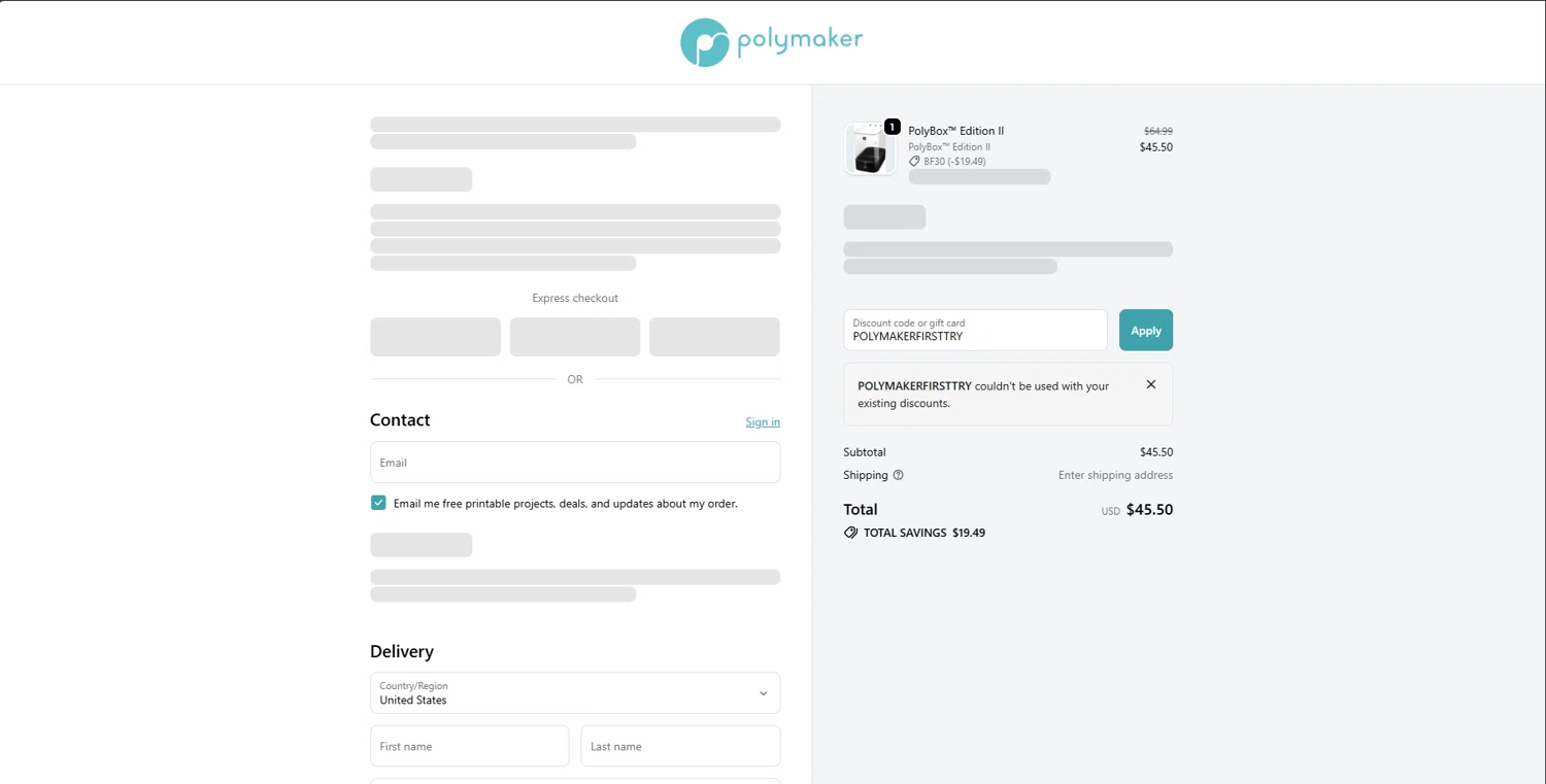 Polymaker discount code screenshot showing code POLYMAKERFIRSTTRY applied at Polymaker checkout page. Uploaded by SimplyCodes community member Underaiki on Nov 7, 2025