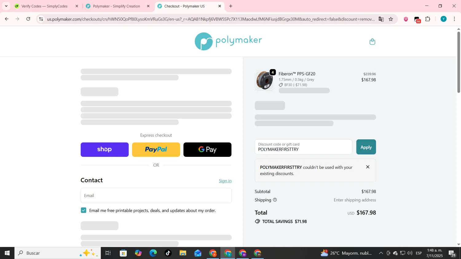 Polymaker discount code screenshot showing code POLYMAKERFIRSTTRY applied at Polymaker checkout page. Uploaded by SimplyCodes community member codygakpo on Nov 7, 2025