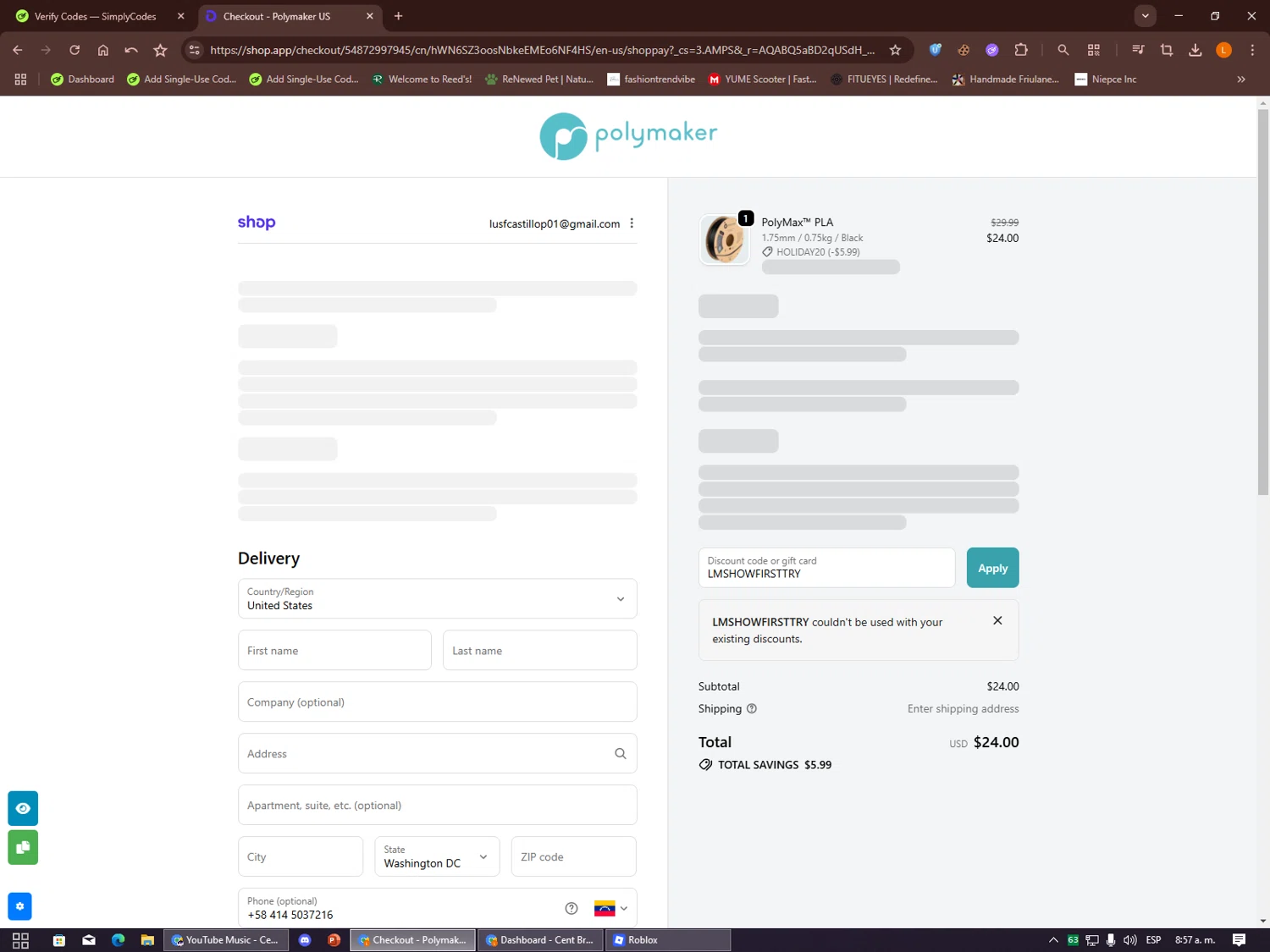 Polymaker discount code screenshot showing code LMSHOWFIRSTTRY applied at Polymaker checkout page. Uploaded by SimplyCodes community member Alalee on Dec 15, 2025