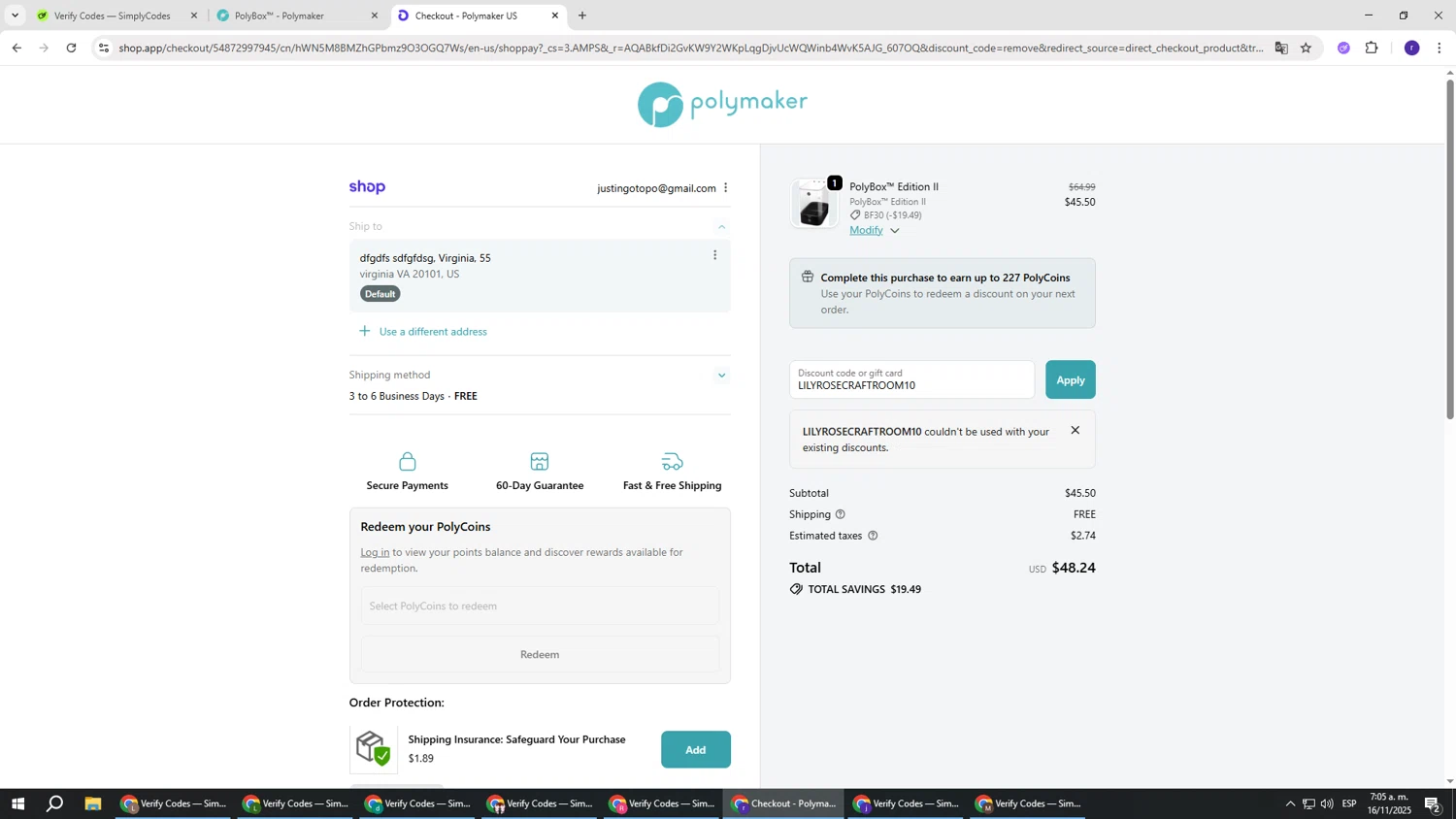 Polymaker discount code screenshot showing code LILYROSECRAFTROOM10 applied at Polymaker checkout page. Uploaded by SimplyCodes community member AberthGotopo on Nov 16, 2025