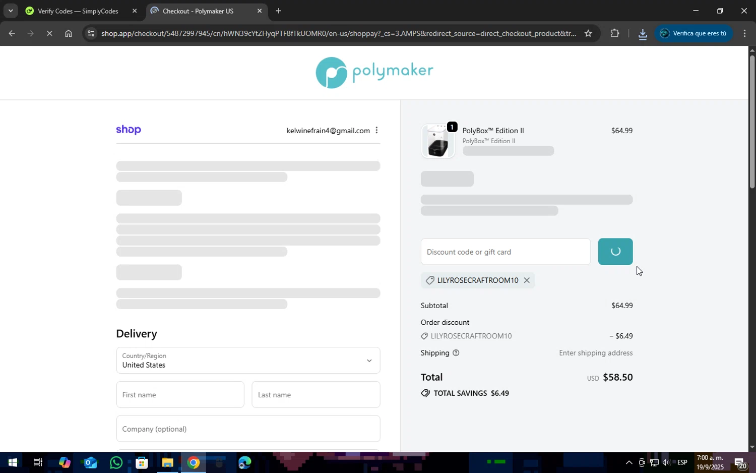 Polymaker discount code screenshot showing code LILYROSECRAFTROOM10 applied at Polymaker checkout page. Uploaded by SimplyCodes community member SOPACONPAN on Sep 19, 2025