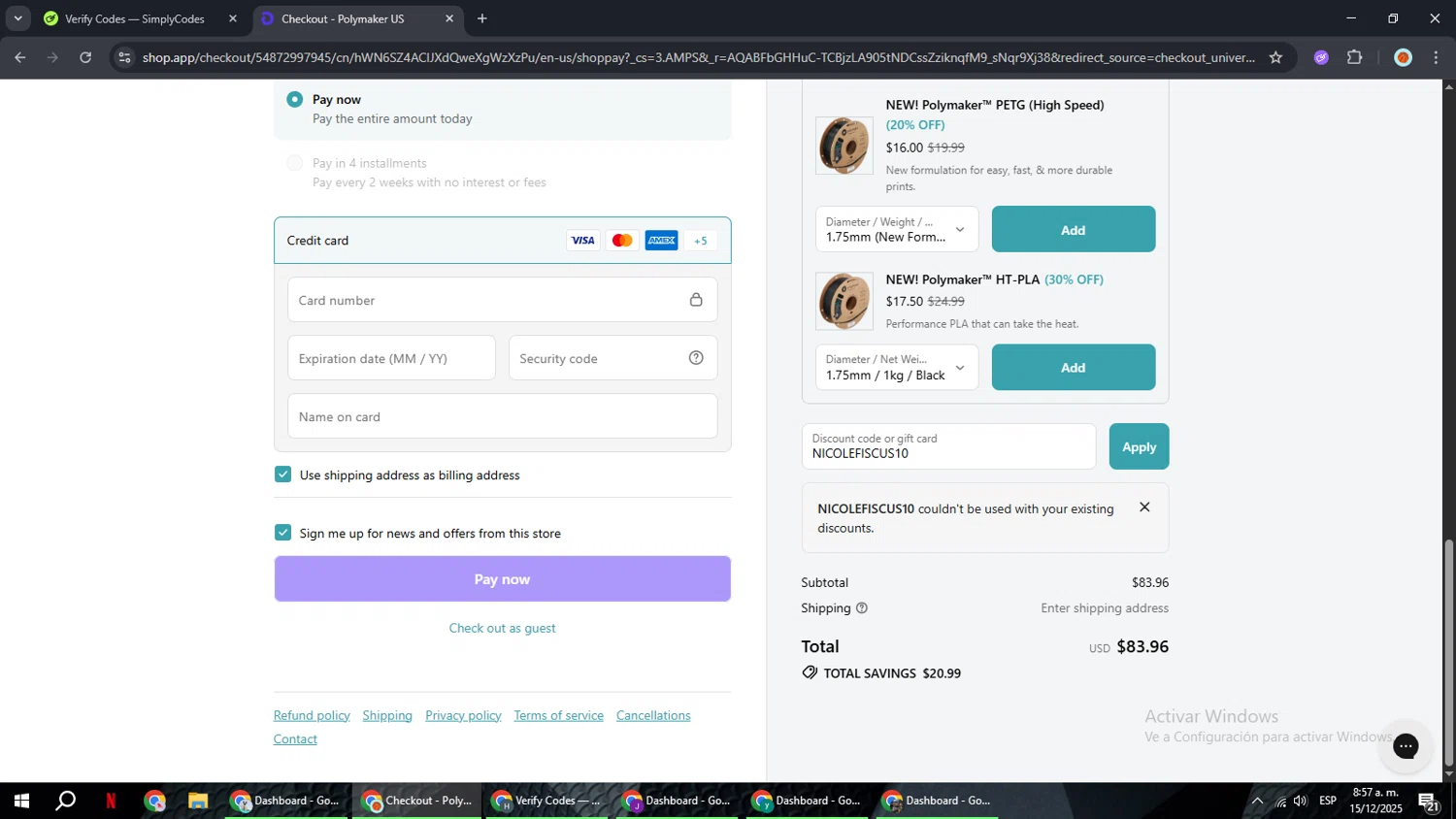 Polymaker discount code screenshot showing code NICOLEFISCUS10 applied at Polymaker checkout page. Uploaded by SimplyCodes community member BonusCaptain9927 on Dec 15, 2025