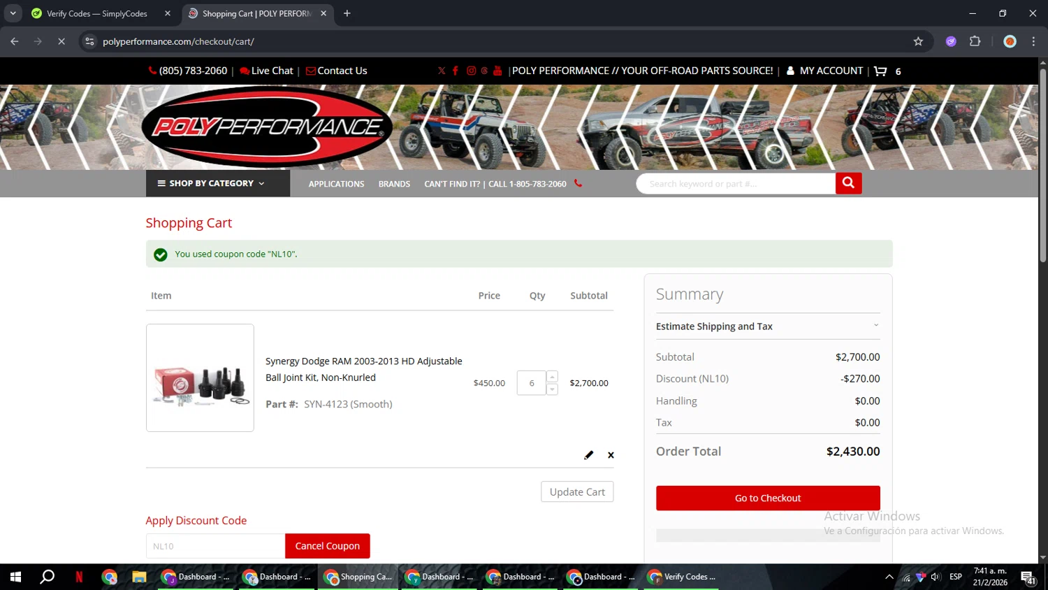Poly Performance checkout page showing Poly Performance discount code box | Screenshot taken by SimplyCodes community member on Feb 21, 2026