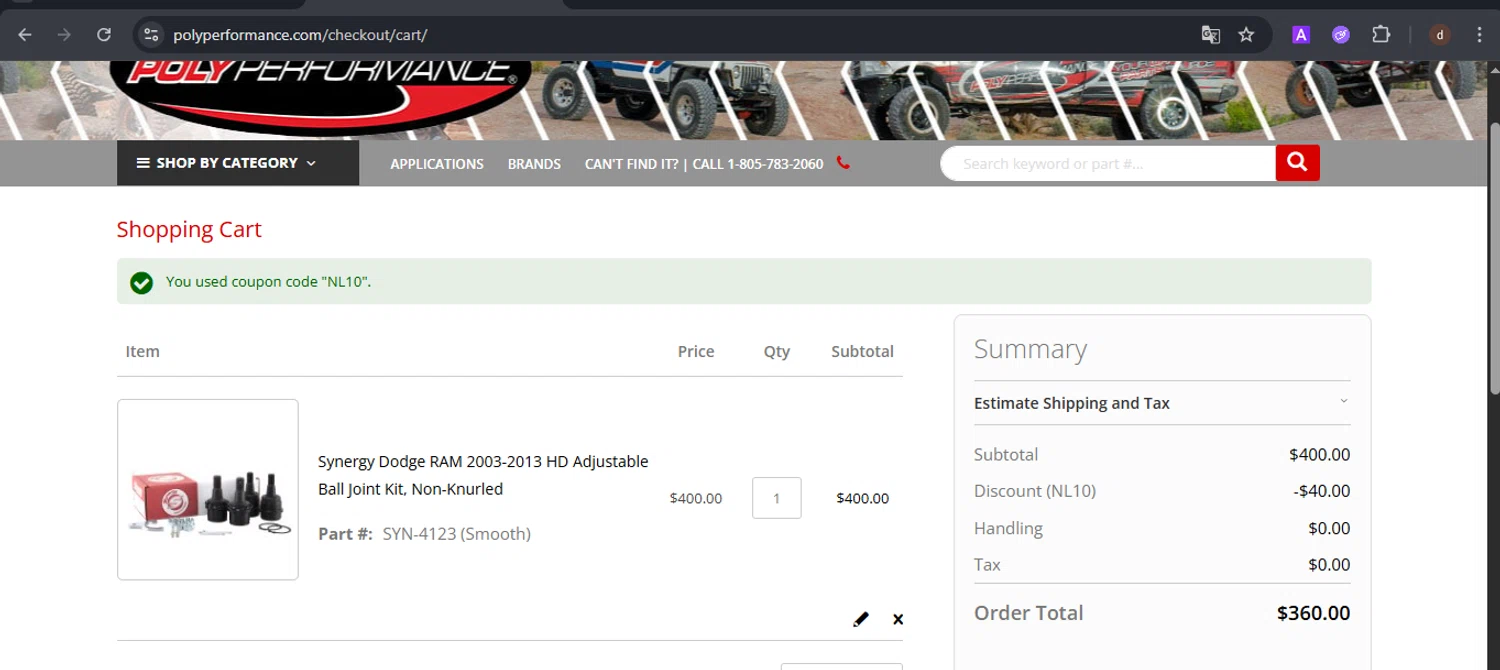 Poly Performance discount code screenshot showing code NL10 applied at Poly Performance checkout page. Uploaded by SimplyCodes community member VoucherSpotter9376 on Aug 5, 2025