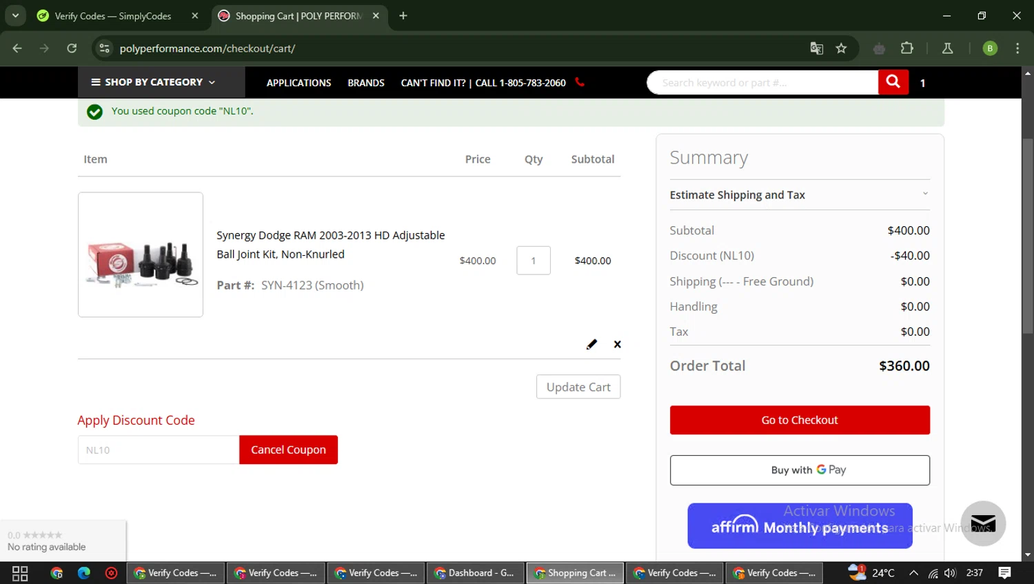 Poly Performance discount code screenshot showing code NL10 applied at Poly Performance checkout page. Uploaded by SimplyCodes community member RoyalAdmiral5066 on Feb 15, 2025