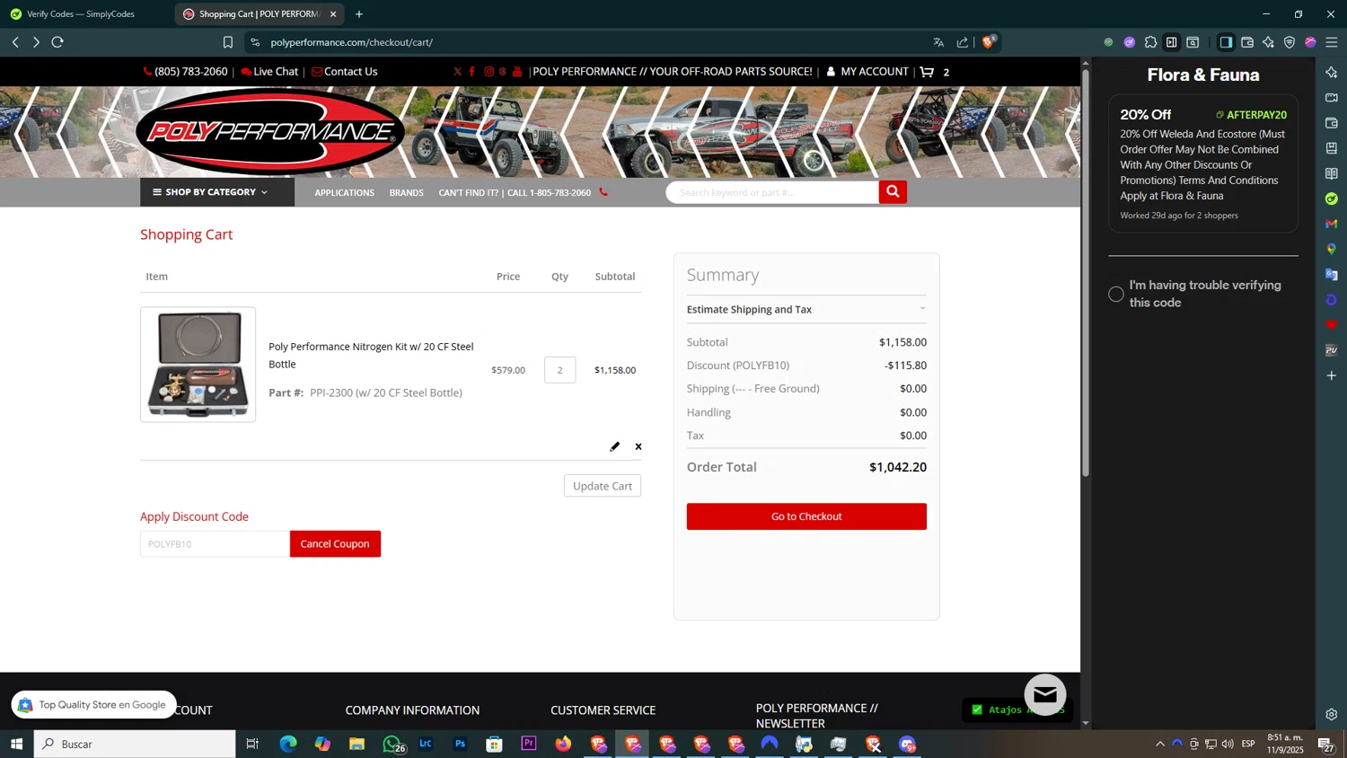 Poly Performance discount code screenshot showing code POLYFB10 applied at Poly Performance checkout page. Uploaded by SimplyCodes community member ELHIJOEMILA on Sep 11, 2025