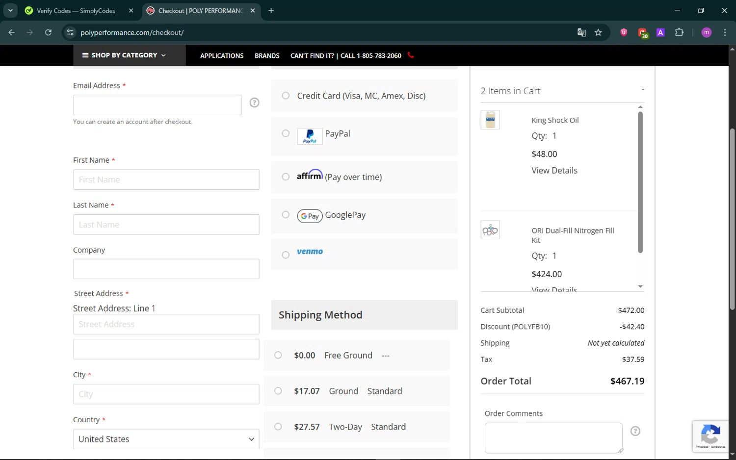 Poly Performance discount code screenshot showing code POLYFB10 applied at Poly Performance checkout page. Uploaded by SimplyCodes community member TokenChaser4876 on Oct 10, 2025