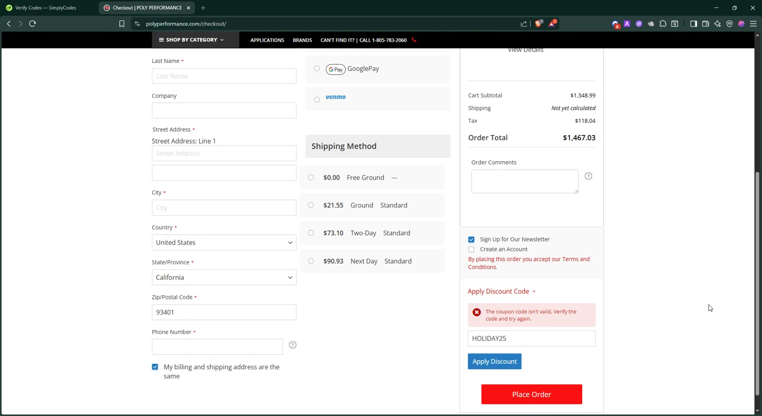 Poly Performance discount code screenshot showing code HOLIDAY25 applied at Poly Performance checkout page. Uploaded by SimplyCodes community member BonusShopper4099 on Dec 23, 2025