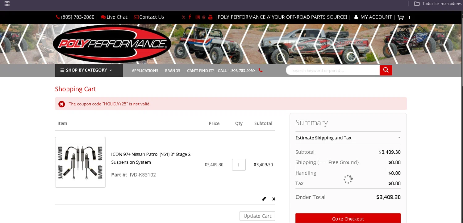 Poly Performance discount code screenshot showing code HOLIDAY25 applied at Poly Performance checkout page. Uploaded by SimplyCodes community member Egni_149037891 on Dec 23, 2025