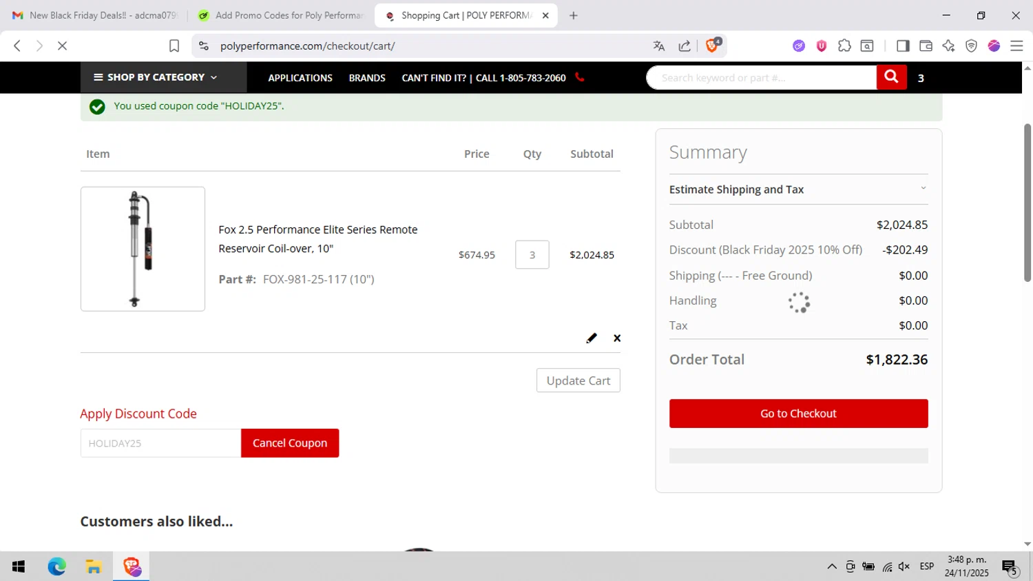Poly Performance discount code screenshot showing code HOLIDAY25 applied at Poly Performance checkout page. Uploaded by SimplyCodes community member peachee on Nov 24, 2025