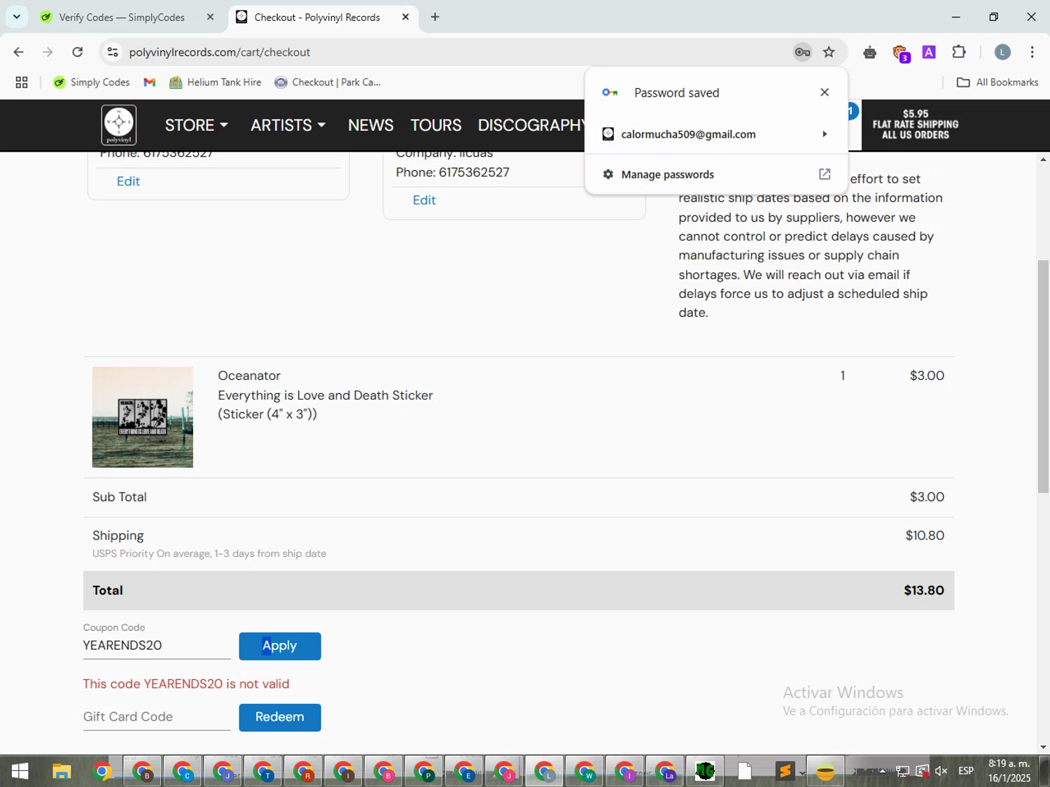 Polyvinyl Record Co. promo code screenshot showing code YEARENDS20 applied at Polyvinyl Record Co. checkout page. Uploaded by SimplyCodes community member SmartSpotter5969 on Jan 16, 2025