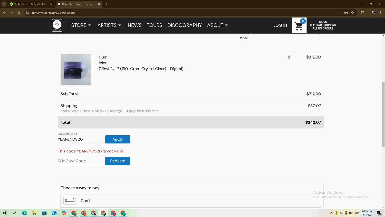 Polyvinyl Record Co. promo code screenshot showing code YEARENDS20 applied at Polyvinyl Record Co. checkout page. Uploaded by SimplyCodes community member zadquiel on Jan 16, 2025