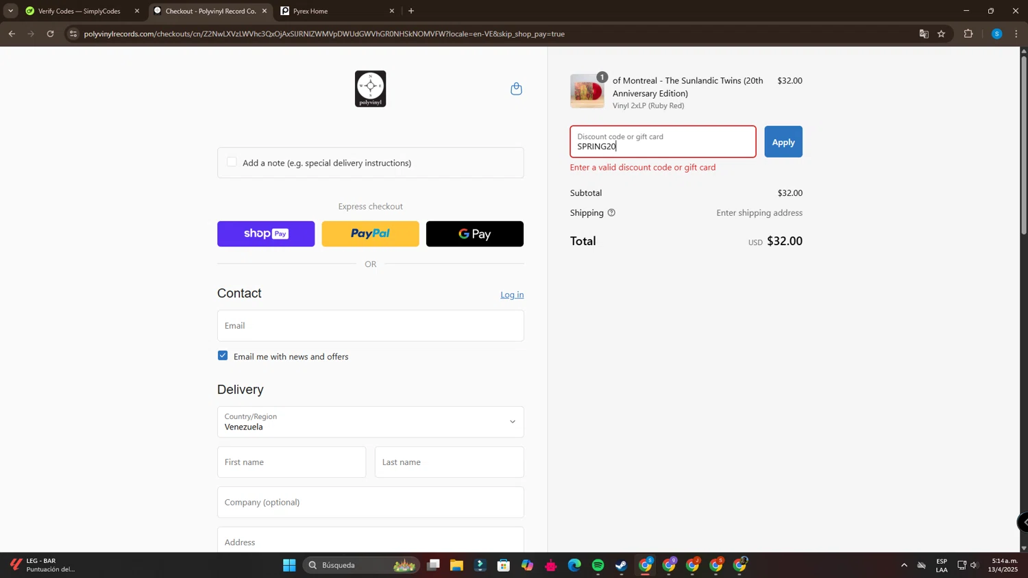 Polyvinyl Record Co. promo code screenshot showing code SPRING20 applied at Polyvinyl Record Co. checkout page. Uploaded by SimplyCodes community member SalvadorC1 on Apr 13, 2025
