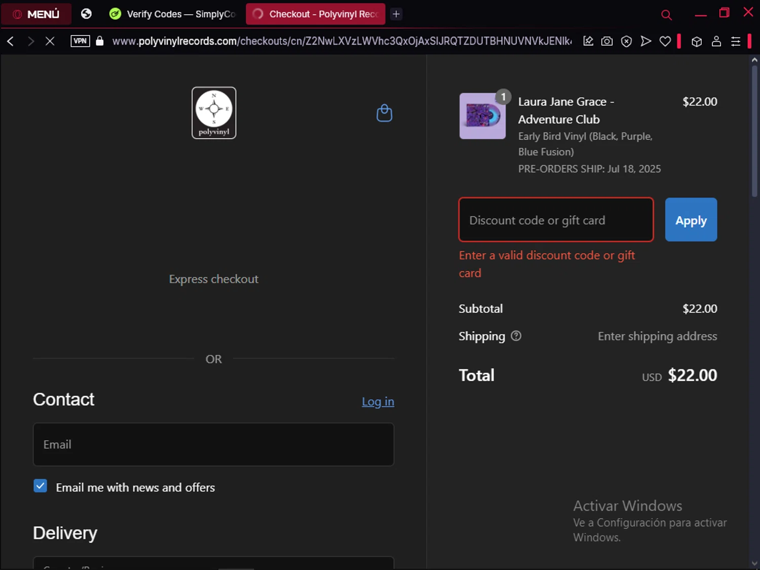Polyvinyl Record Co. promo code screenshot showing code SPRING20 applied at Polyvinyl Record Co. checkout page. Uploaded by SimplyCodes community member RoyalMaestro2129 on Apr 13, 2025