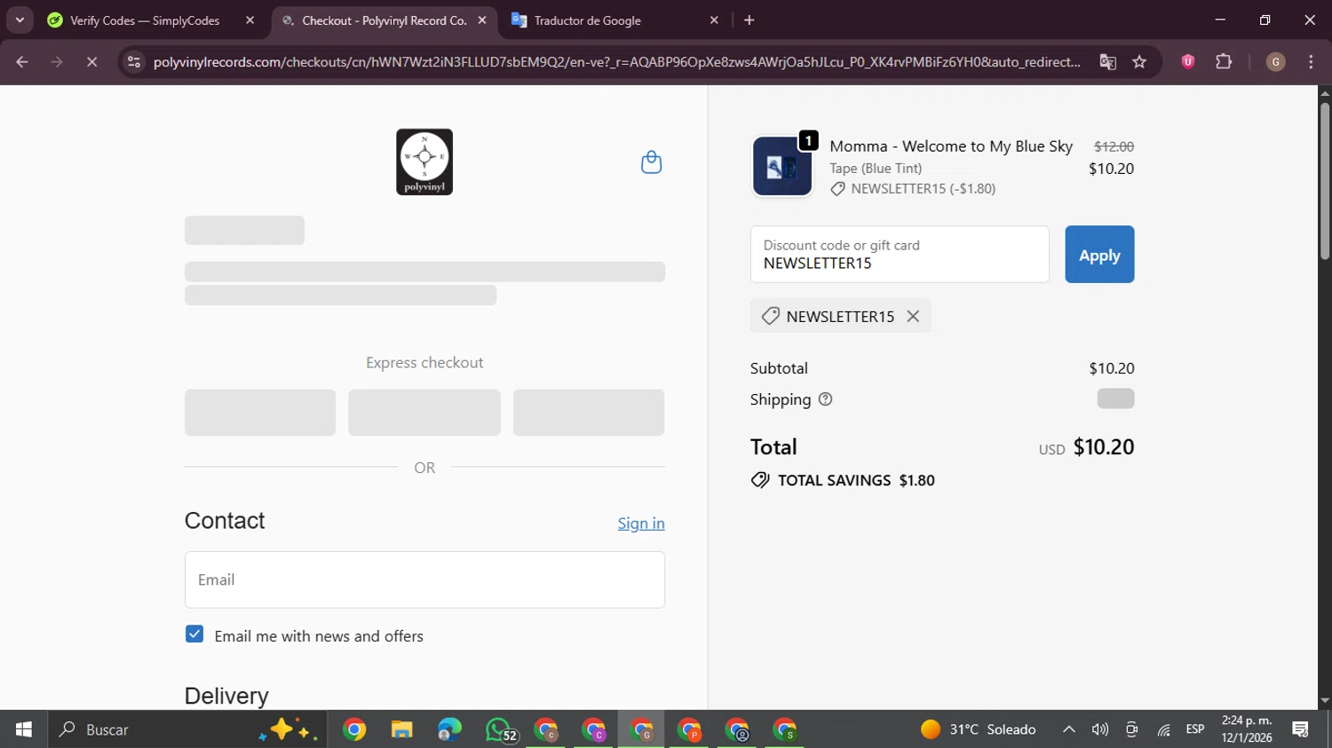 Polyvinyl Record Co. checkout page showing Polyvinyl Record Co. promo code box | Screenshot taken by SimplyCodes community member on Jan 12, 2026