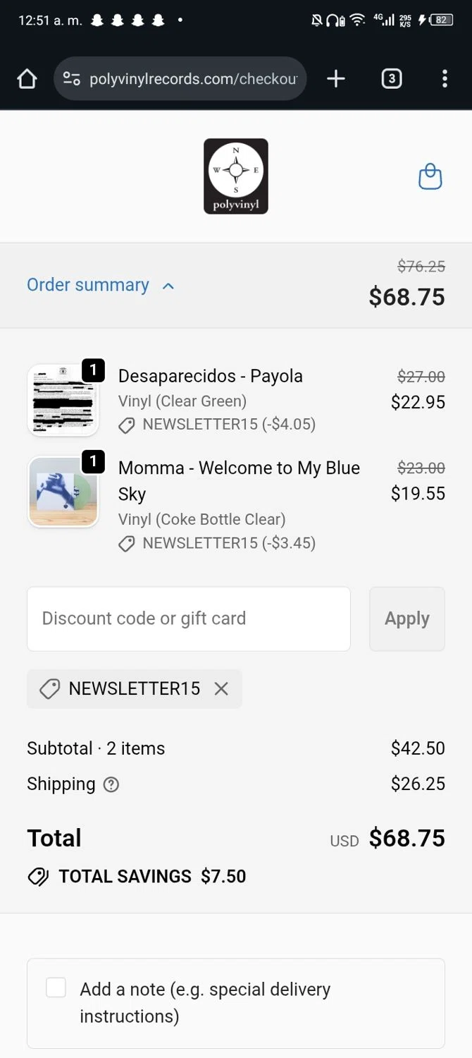 Polyvinyl Record Co. promo code screenshot showing code NEWSLETTER15 applied at Polyvinyl Record Co. checkout page. Uploaded by SimplyCodes community member Nickurtdale on Oct 23, 2025