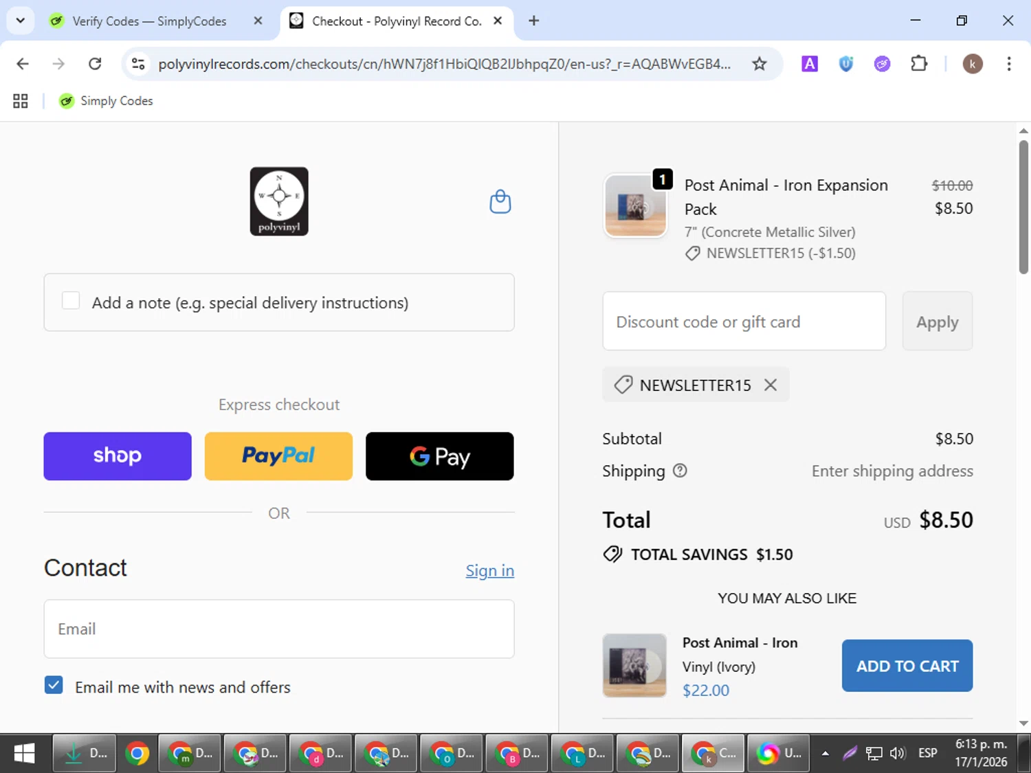 Polyvinyl Record Co. promo code screenshot showing code NEWSLETTER15 applied at Polyvinyl Record Co. checkout page. Uploaded by SimplyCodes community member RewardRanger298 on Jan 17, 2026