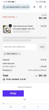 WELCOME15 coupon verification screenshot