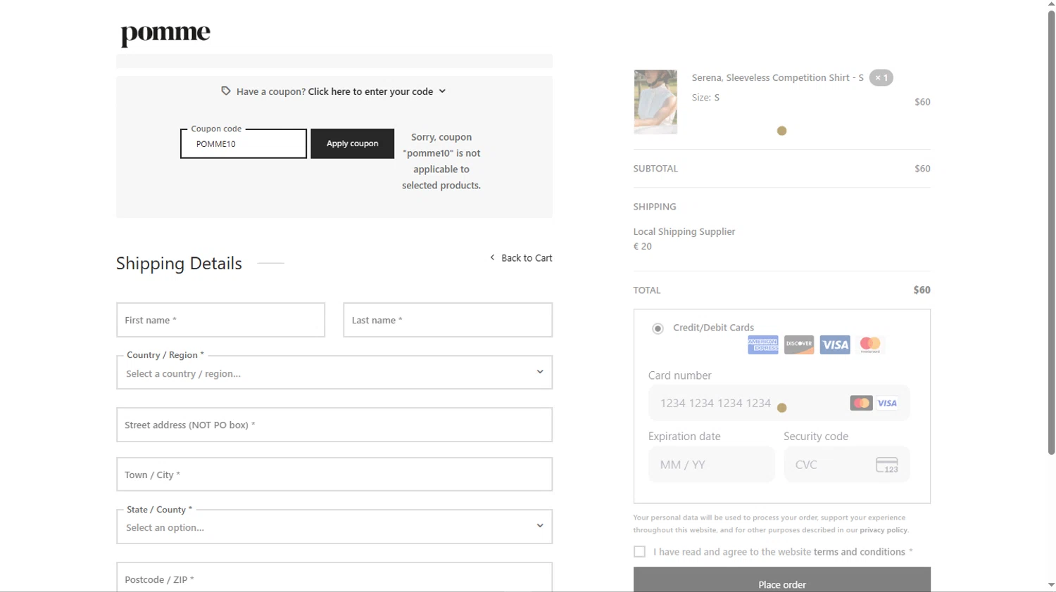 Pomme US promo code screenshot showing code POMME10 applied at Pomme US checkout page. Uploaded by SimplyCodes community member TokioMiller on Jul 17, 2025