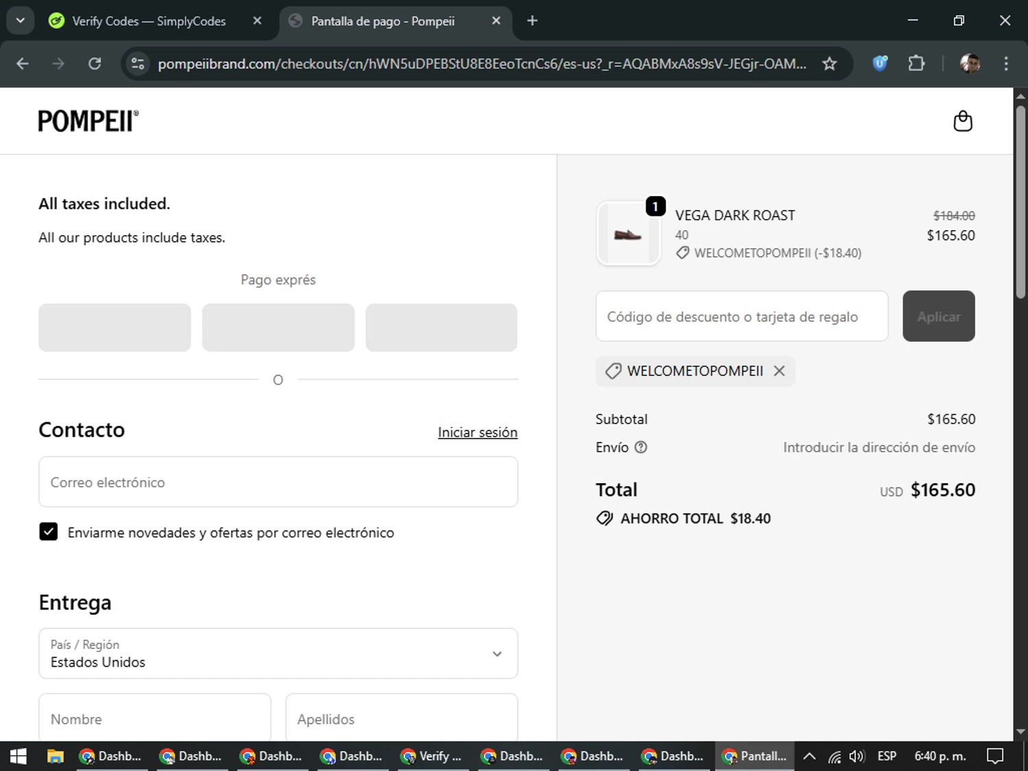 Pompeii Brand discount code screenshot showing code WELCOMETOPOMPEII applied at Pompeii Brand checkout page. Uploaded by SimplyCodes community member DiscountSeeker682 on Nov 30, 2025