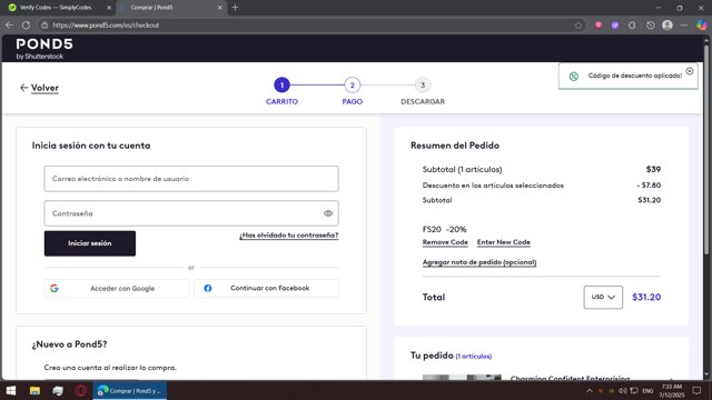 Pond5 checkout page showing Pond5 promo code box | Screenshot taken by SimplyCodes community member on Jul 12, 2025
