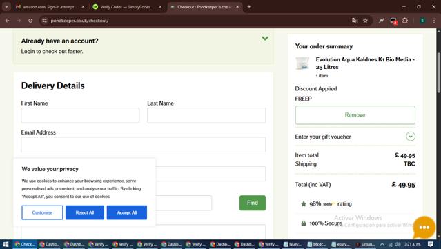 Pondkeeper checkout page showing Pondkeeper discount code box | Screenshot taken by SimplyCodes community member on Sep 12, 2025