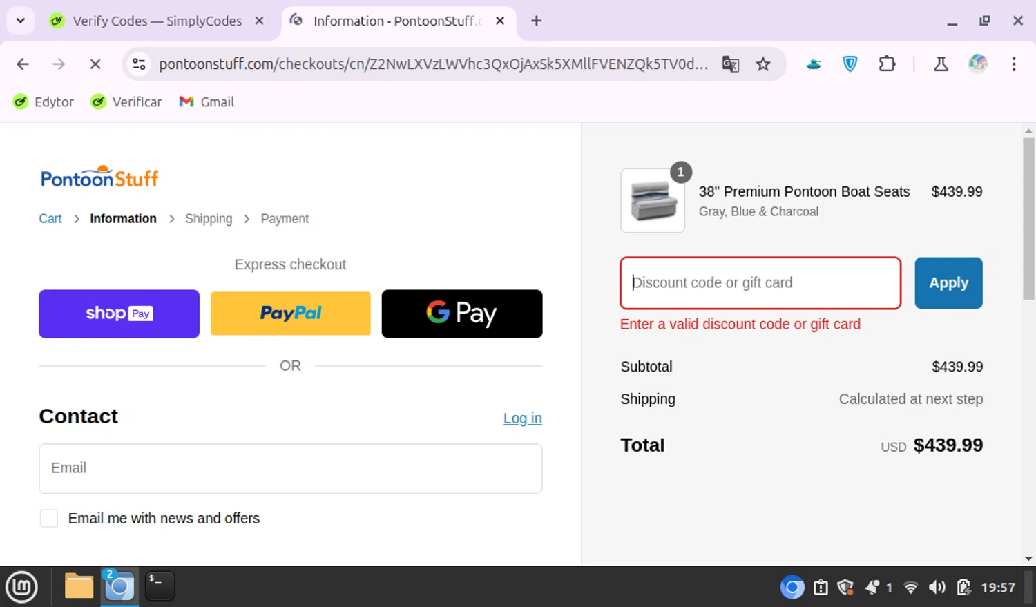 PontoonStuff discount code screenshot showing code couponbirds10 applied at PontoonStuff checkout page. Uploaded by SimplyCodes community member KittyX on Mar 8, 2025