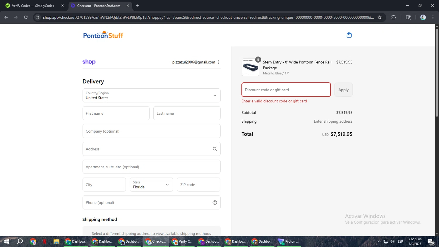 PontoonStuff discount code screenshot showing code couponbirds10 applied at PontoonStuff checkout page. Uploaded by SimplyCodes community member ShrewdSeeker6165 on Sep 7, 2025