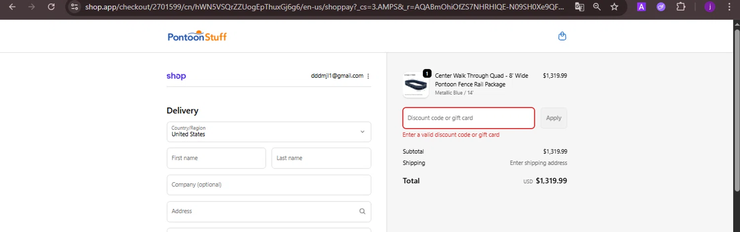PontoonStuff discount code screenshot showing code TOMS5OFF applied at PontoonStuff checkout page. Uploaded by SimplyCodes community member CoinMaverick1452 on Nov 20, 2025