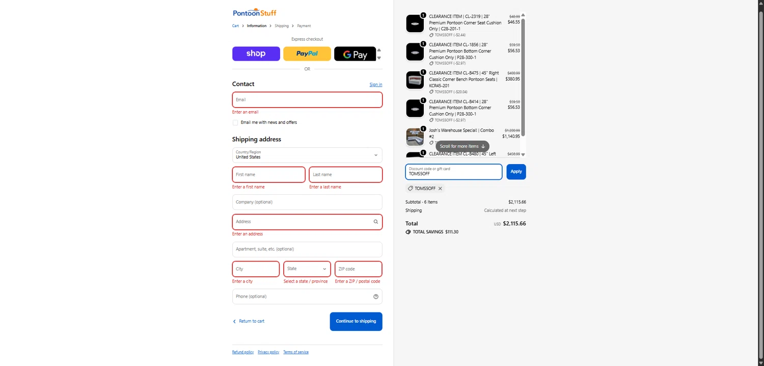 PontoonStuff checkout page showing PontoonStuff discount code box | Screenshot taken by SimplyCodes community member on Feb 2, 2026