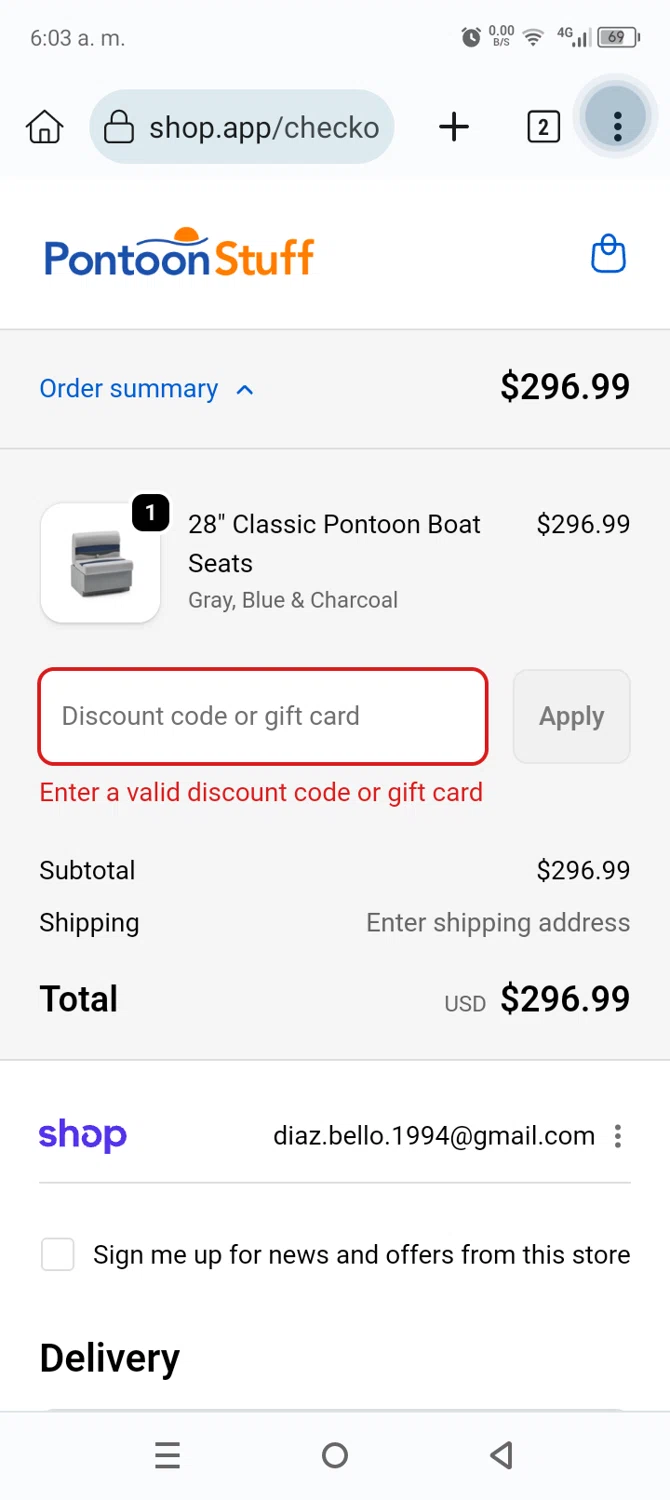 PontoonStuff discount code screenshot showing code GHETTO24 applied at PontoonStuff checkout page. Uploaded by SimplyCodes community member Anthony_Diaz on Nov 20, 2025