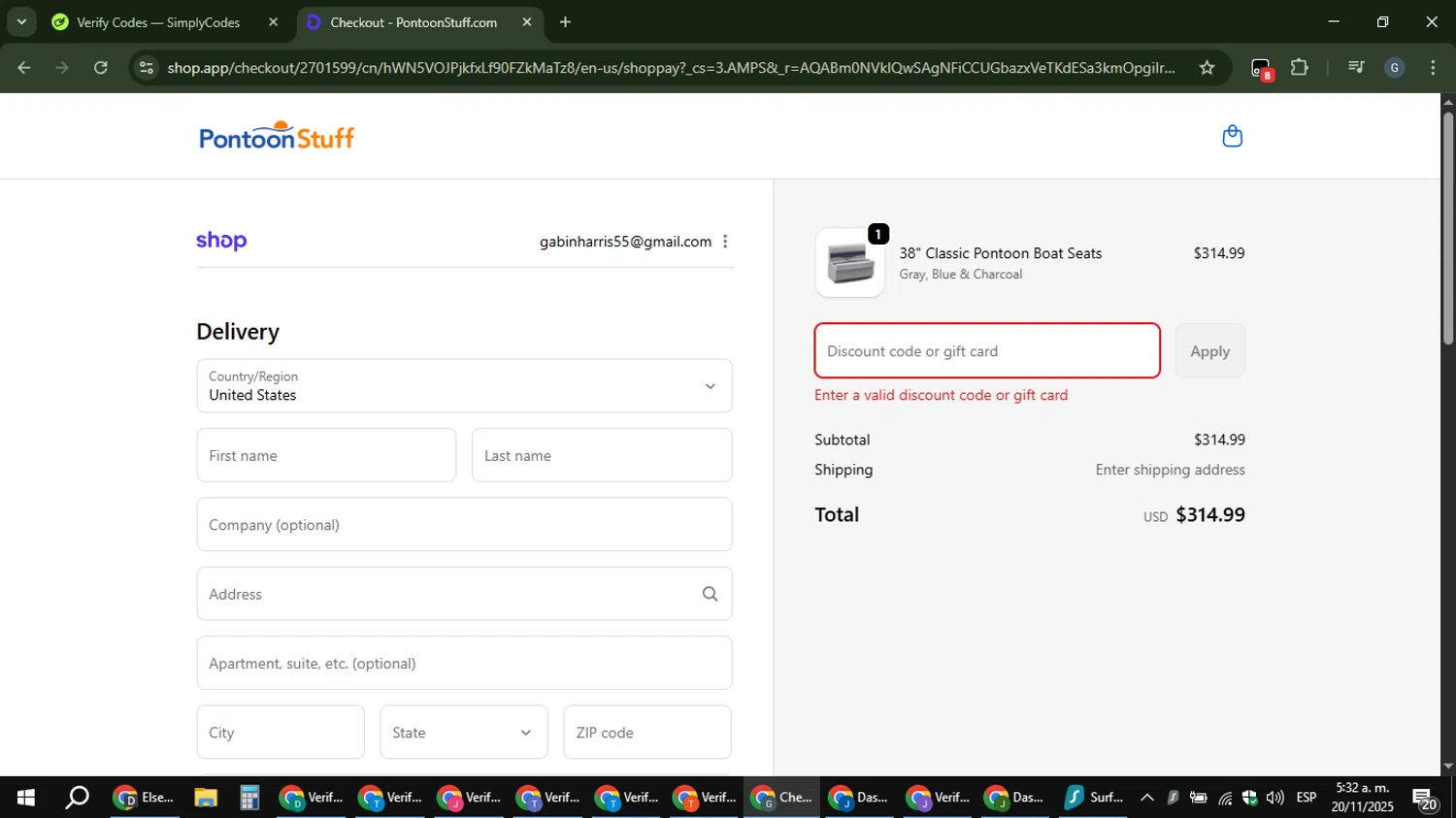 PontoonStuff discount code screenshot showing code GHETTO24 applied at PontoonStuff checkout page. Uploaded by SimplyCodes community member gabinharris55 on Nov 20, 2025